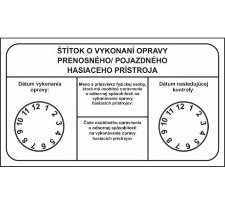 R003 Štítok o vykonaní opravy prenosného/pojazdného hasiaceho prístroja 105x60 mm