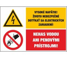 D302 Vysoké napätie....!/Nehas vodou ani penovými prístrojmi! samolepka/plast 130x131 mm