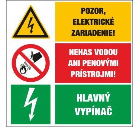 T326 Pozor, el. zariadenie!/Nehas vodou/Hlavný vypínač samolepka 65x96 mm